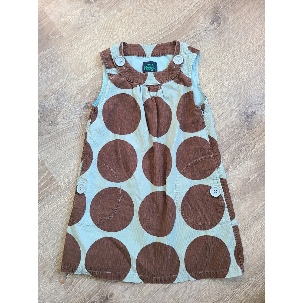 Mini Boden 5/6 Polka Dot Corduroy Jumper Dress Mod Retro 60s Y2K Blue Brown